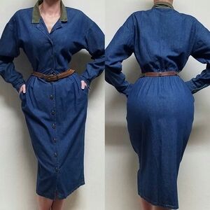 Vintage 80s Vintage Blue Chambray Denim Green Corduroy Long Sleeve Maxi Dress 12